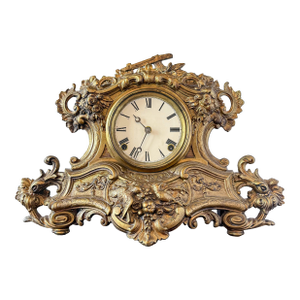Antique Rococo Revival Gilt Spelter Mantel Clock, Ansonia Movement, Bird Motif, Late 19th C