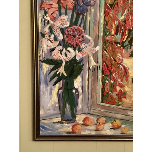 An oil still life painting by Mid 20th Century Swedish artist Karl Dahlquist. This lively painting depicts a colorful...