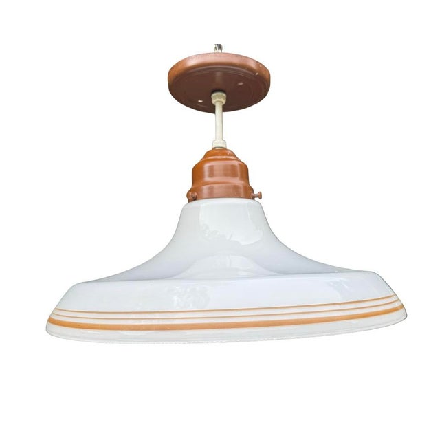 Vintage Tri-Lite Manufacturing Co. pendant light featuring a beautiful 16-inch white milk/opal glass shade accented with...