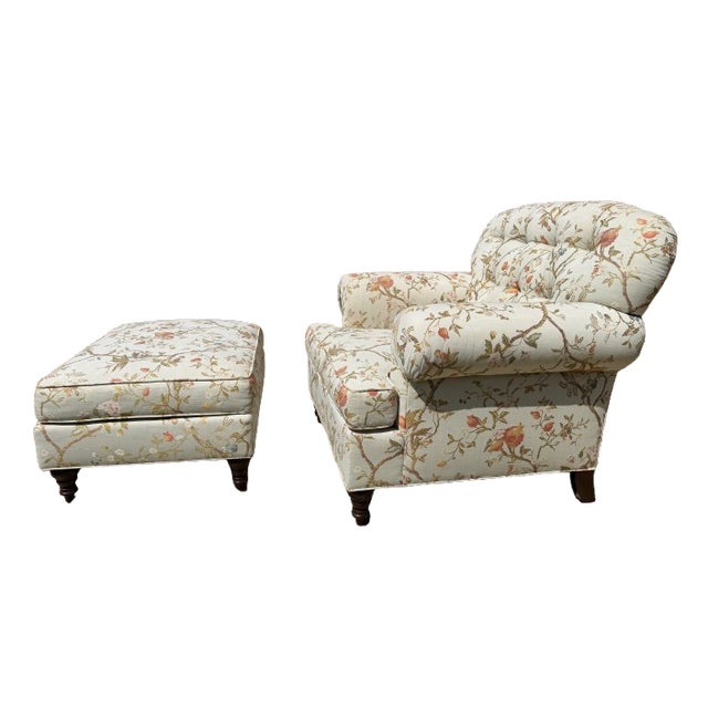2010s Custom Tufted Scalamandre Light Blue Floral Lounge Chair and Ottoman For Sale - Image 5 of 18