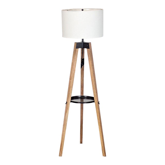 Pottery Barn Tripod Floor Lamp With Shelf and Drum Shade For Sale