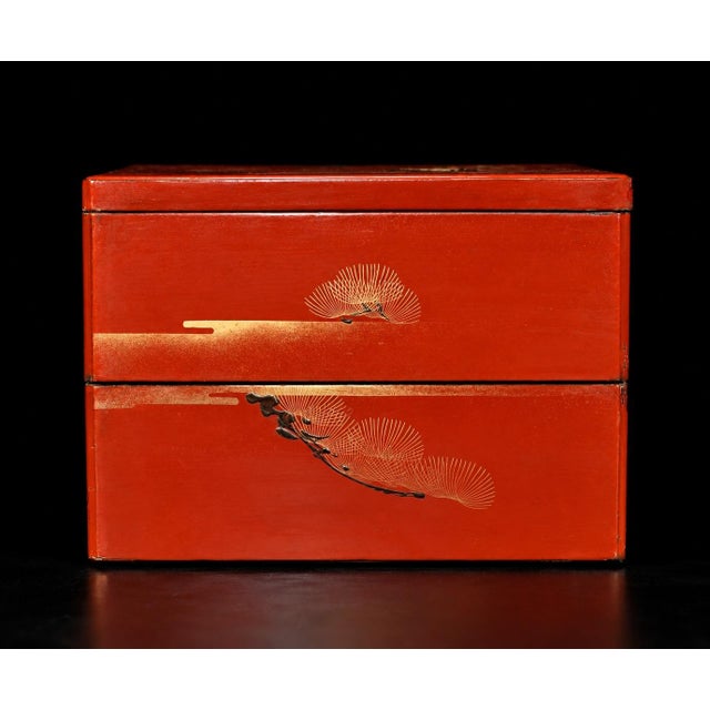 Wood Japanese Antique Red Lacquered Snack Keepsake Box Hand Painted 2-Tier For Sale - Image 7 of 17
