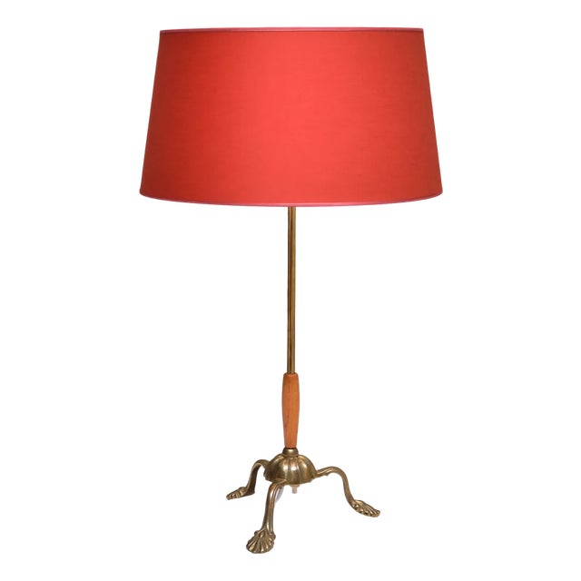 Edvard Hagman Table Lamp in Brass, Elm and Vermillion Shade, Sweden, 1940s For Sale