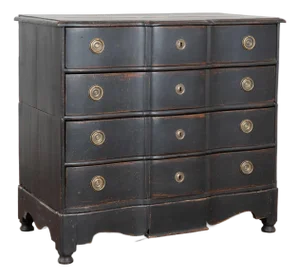 Early 19th Century Black Rococo Large Oak Chest of Four Drawers, Denmark