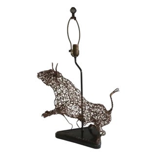 1950s Table Lamp of Abstract Twisted Wire Sculpture of a Bull on Wood Base For Sale