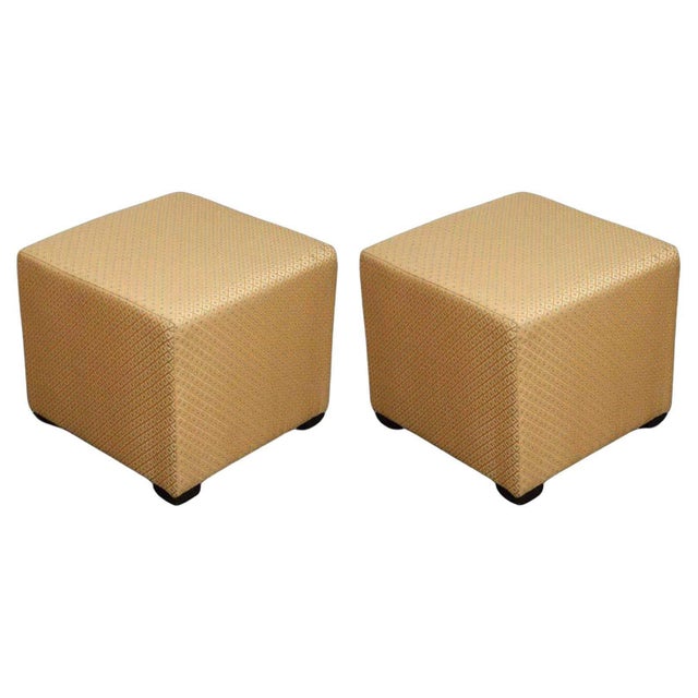 Pair of gold cube upholstery ottomans, Poufs. Upholstered stools, use them as extra seats, ottomans, stools. Light and...