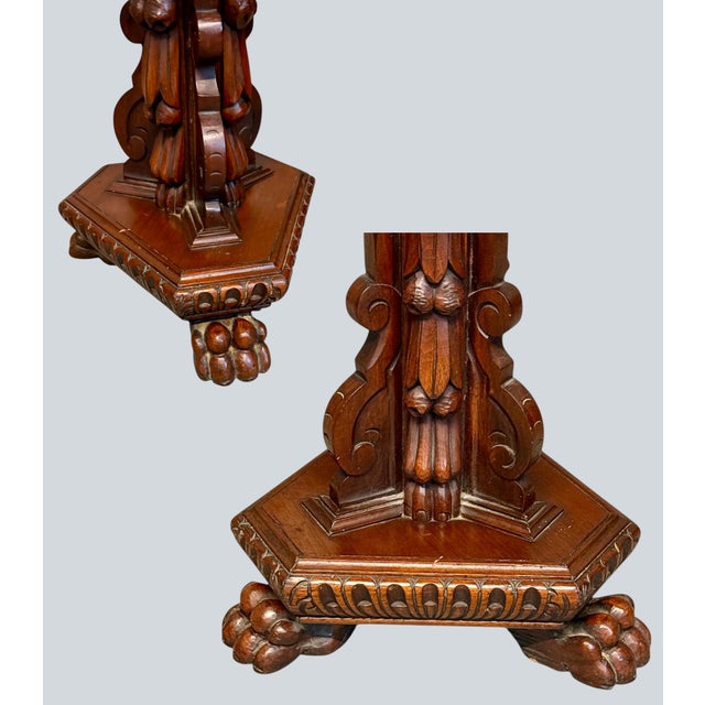 Antique Carved Pedestal Table Figural Base-Lion Paw Feet-Side-Accent-Victorian For Sale - Image 9 of 11