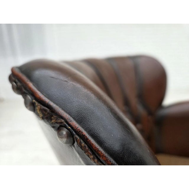 Wood Vintage Danish Lounge Chair in Brown Furniture Leather and Velour, 1930s For Sale - Image 7 of 18