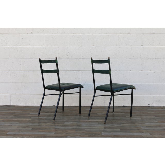 Pair of Jacques Adnet Distressed Green Leather & Black Metal Dining Chairs, France 1950s For Sale - Image 14 of 18