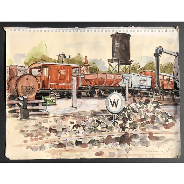 British artist Josie Capstick (1932-1998) painting on paper of an English railroad yard industrial sene. Signed land dated...