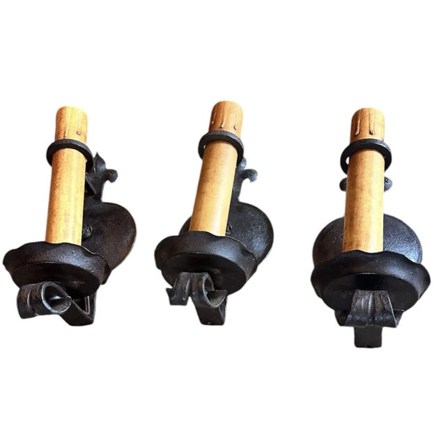 American Set of 3 Forged Iron Single Candle Sconces in Original Paint Circa 1920 For Sale - Image 3 of 6