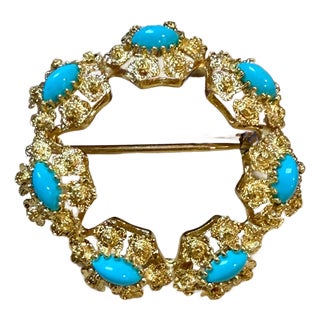 3 Carat Sleeping Beauty Turquoise Circular Pin in 18 Kt Yellow Gold , Estate For Sale