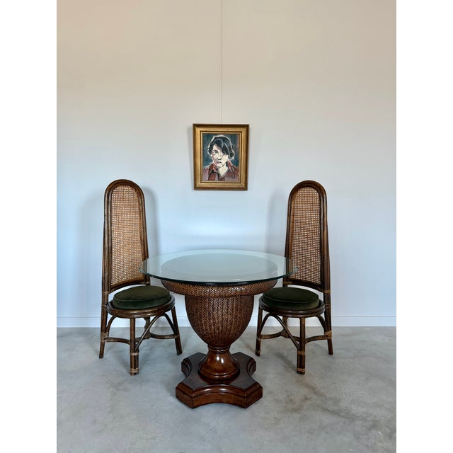 Woven Reed + Faux Leather Center Dining Table After Tommy Bahama 36" Glass Top For Sale - Image 9 of 17