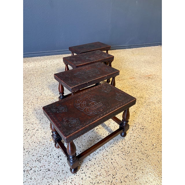 Antique Tooled Leather Top Stools / Tables For Sale - Image 4 of 17