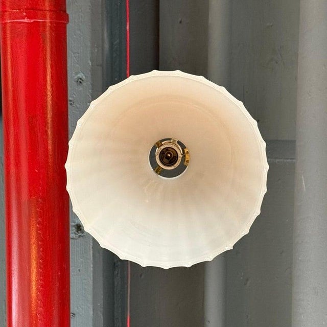 Metal Antique Early 20th Century Scalloped Milk Glass Dome Pendant Light For Sale - Image 7 of 7