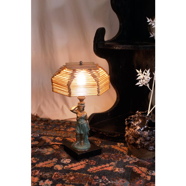 Late 19th Century Eclectic Bronze Woman Lamp With Popsicle Stick Shade For Sale - Image 10 of 17