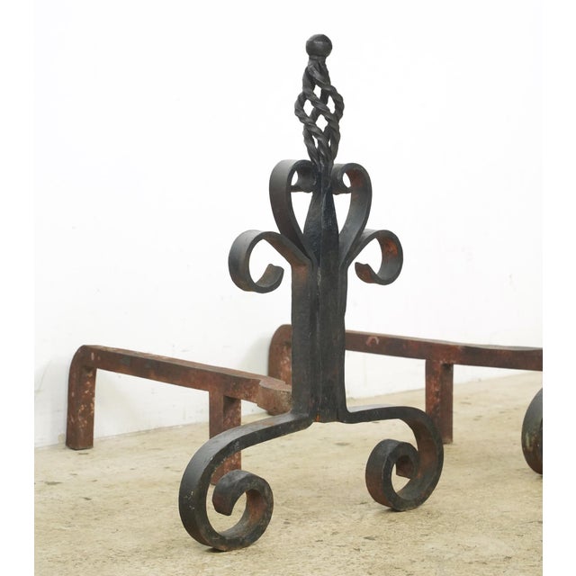 French Pair of Antique French Wrought Iron Andirons For Sale - Image 3 of 9