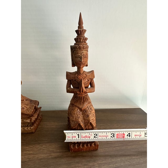 Vintage Teak Wood Thai Thepphanom Guardian Angels – Hand-Carved Buddhist Prayer Figures For Sale - Image 10 of 10
