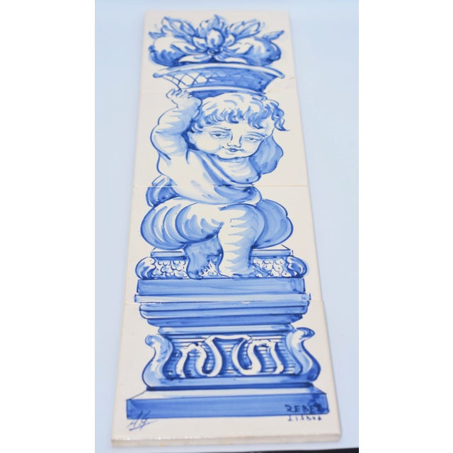 Early 21st Century Vintage Hand Painted Portuguese Decor 4-Tile Azulejos "Cherub " Signed Lisboa For Sale - Image 5 of 9