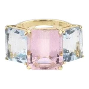 Christina Addison 18kt Yellow Gold Emerald Cut Ring With Pale Pink Topaz and Blue Topaz