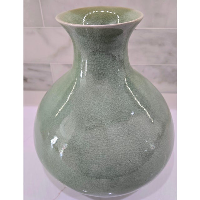 Vintage Thai Celadon Green Crackle Glaze Ceramic Vases — A Pair For Sale - Image 12 of 17