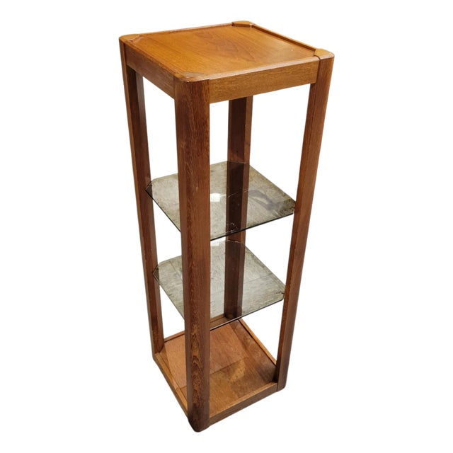 Danish Modern C1970s Teak Pillar Plant Stand Uldum Mobler Denmark With Smoke Gray Glass Shelving For Sale