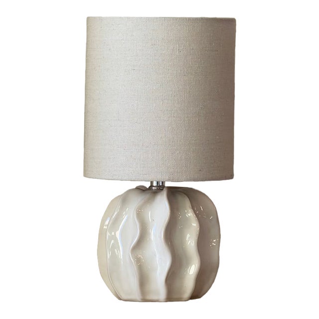 Contemporary Fluted Ceramic Melon-Shaped Table Lamp With Linen Shade⁠ For Sale