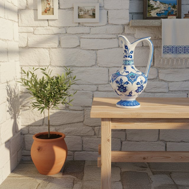 Turkish Handmade Ceramic Pitcher (20cm) – Blue and White Pattern – Lion’s Mouth Vase For Sale - Image 3 of 10