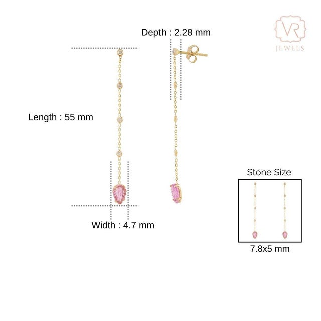 Carved Leaf Pink Sapphire & Diamond Chain Drop Earrings in 14k Yellow Gold- A Pair For Sale - Image 9 of 12