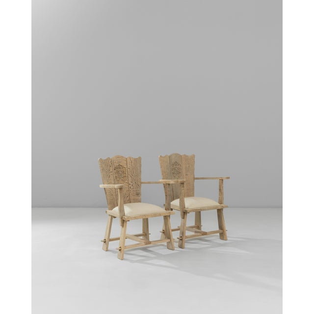 Brown 1970s French Carved Oak Armchairs With Upholstered Seats - A Pair For Sale - Image 8 of 18
