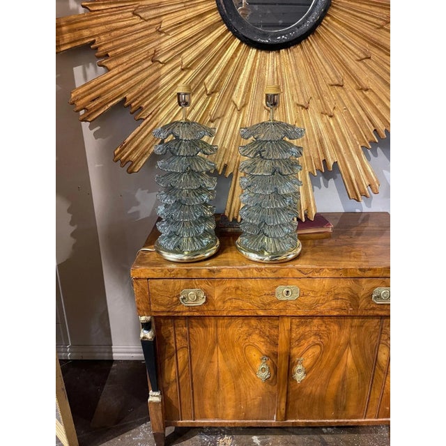 Modern Pair of Modern Murano Ruffle Glass Lamps in Fontina Green For Sale - Image 3 of 6