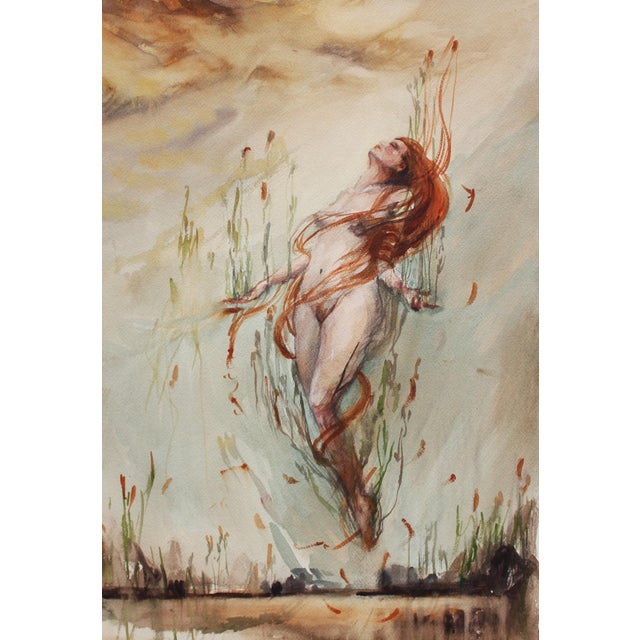 This watercolor artwork portrays a figure suspended in a dreamlike state, surrounded by delicate aquatic plants that evoke...