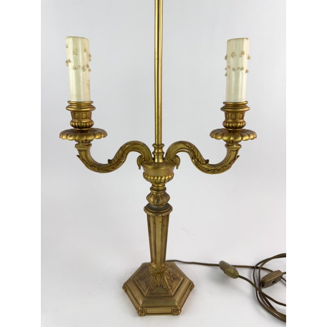 Vintage Louis XVI Style Gilt Metal Two-Light Candelabra Table Lamp For Sale - Image 11 of 18