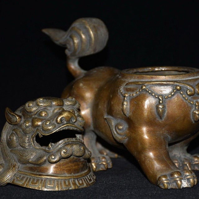Early 20th Century Antique Bronze Guardian Lion Incense Burner – 6.1" Foo Dog Censer With Removable Head For Sale - Image 5 of 9