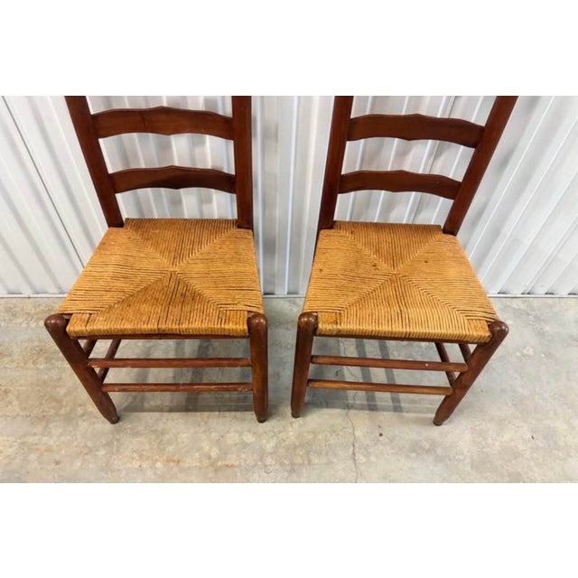 American Vintage 20th Century Tall Ladder Back Rope Seat Armless Side Dining Chairs, a Pair For Sale - Image 3 of 9
