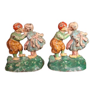 Antique Hubley 332 Cast Iron Kissing Dutch Kids Bookends Pair Original Paint 1920s For Sale