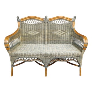 Wicker Loveseat With Decorative Lattice Back For Sale