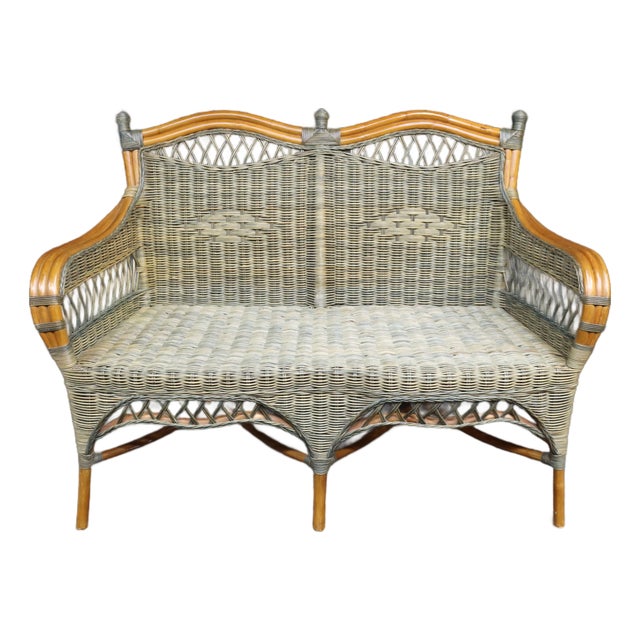 Wicker Loveseat With Decorative Lattice Back For Sale