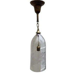 Vintage Stencil Etched Bell Jar With Vintage Brass Hanging Fixture For Sale