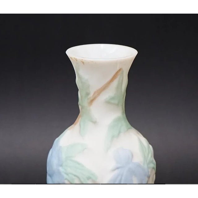 Phoenix Consolidated Glass Vase with Dusty Blue Peonies, Green Leaves, Floral Satin Vintage ca 1930