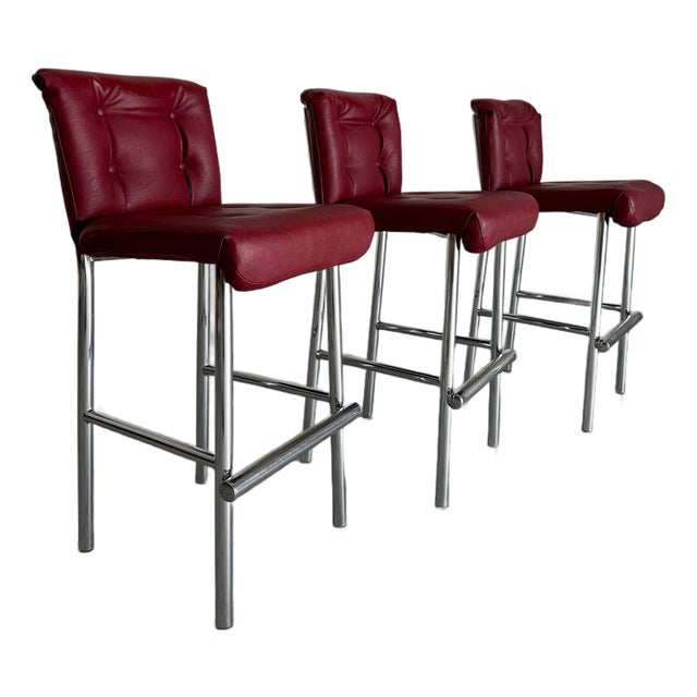 1970s Mid Century Modern Chrome and Vinyl Barstools, Set of 3 For Sale