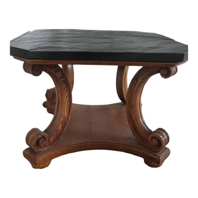 Mid 20th Century Henredon Slate Top Accent Table With Carved Oak Scroll Base For Sale