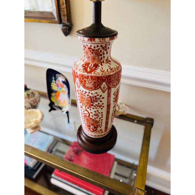 Ceramic Vintage Pair of Asian Red Porcelain Lamps- Red Chinoiserie Lamps For Sale - Image 7 of 11