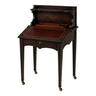 Mid 20th Century Old World Ebonized Burl Flip-Top Writing Desk / Designer Bedside Table With Oxblood Leather For Sale