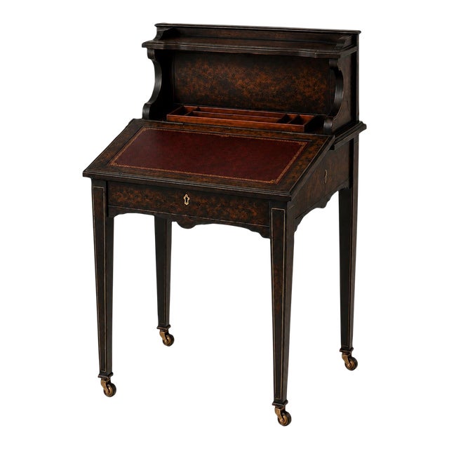 Mid 20th Century Old World Ebonized Burl Flip-Top Writing Desk / Designer Bedside Table With Oxblood Leather For Sale