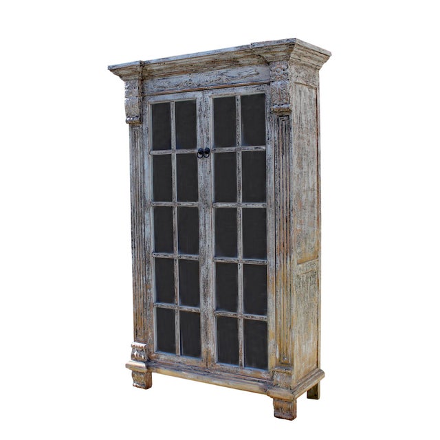 Distressed Pastel Black Gray Tall Glass Door Display Bookcase
