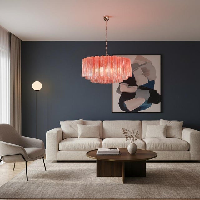 Mid-Century Modern Large Murano Glass Chandelier with 101 Pink Alabaster Glass Tubes, 1990s For Sale - Image 3 of 15