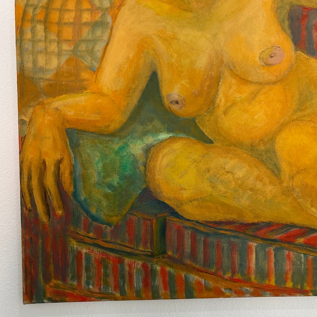 Vibrant painting of a woman on a striped sofa and checkered background. This appears to be likely a 1960’s-70’s time...