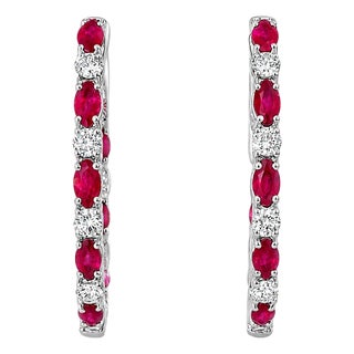 Late 20th Century 14K White Gold Diamond Ruby Hoop Earrings, Pair For Sale