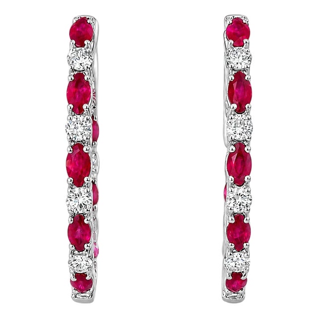 Late 20th Century 14K White Gold Diamond Ruby Hoop Earrings, Pair For Sale